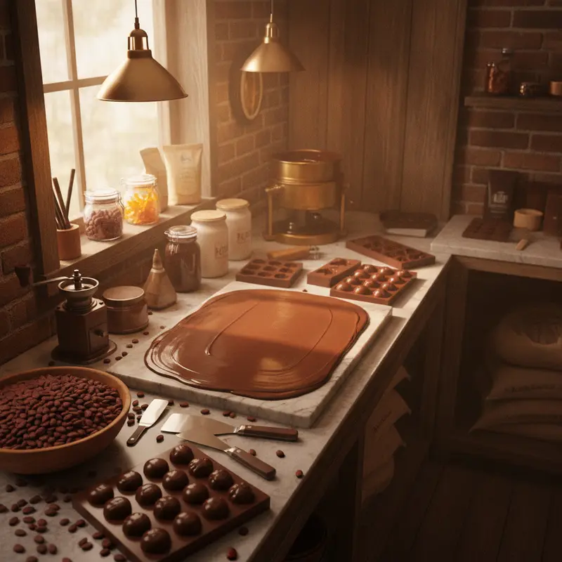 Artisan chocolatier workbench with moulds and cocoa beans