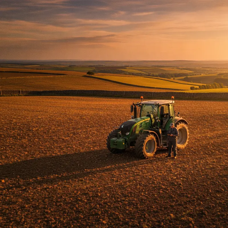 Farmer checking a tablet beside a tractor in North Yorkshire fields