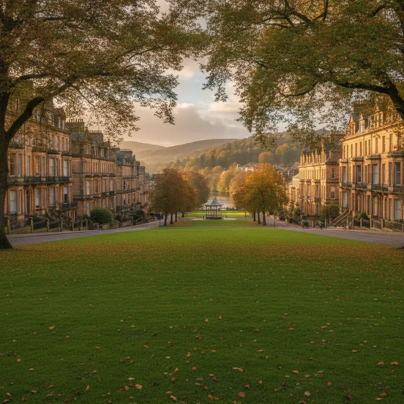 Honey-coloured Victorian terraces beside a green in a Yorkshire spa town