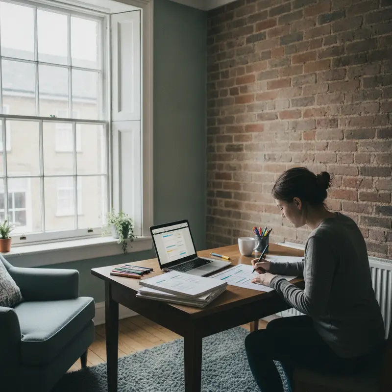 Designer sketching website wireframes beside a laptop in a converted Georgian townhouse